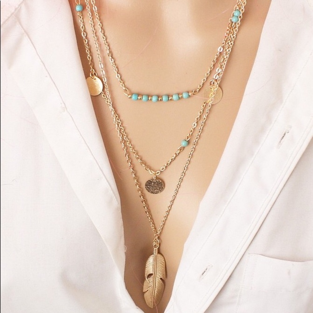 Multilayer feather necklace